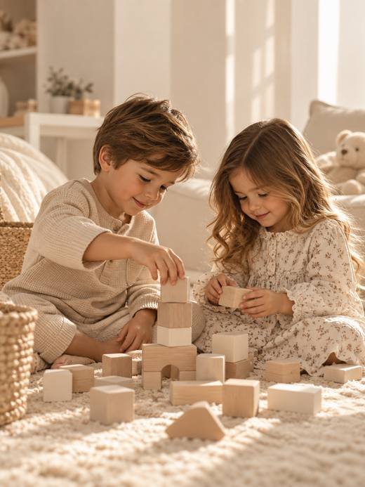 Un niño y una niña juegan con bloques de madera sobre una alfombra crema